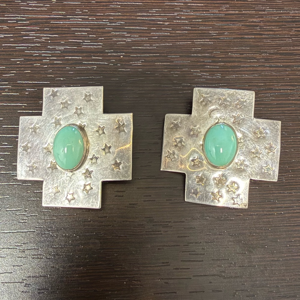 Vintage Sterling Cross Clip Earrings with Green Turquoise Cabochons